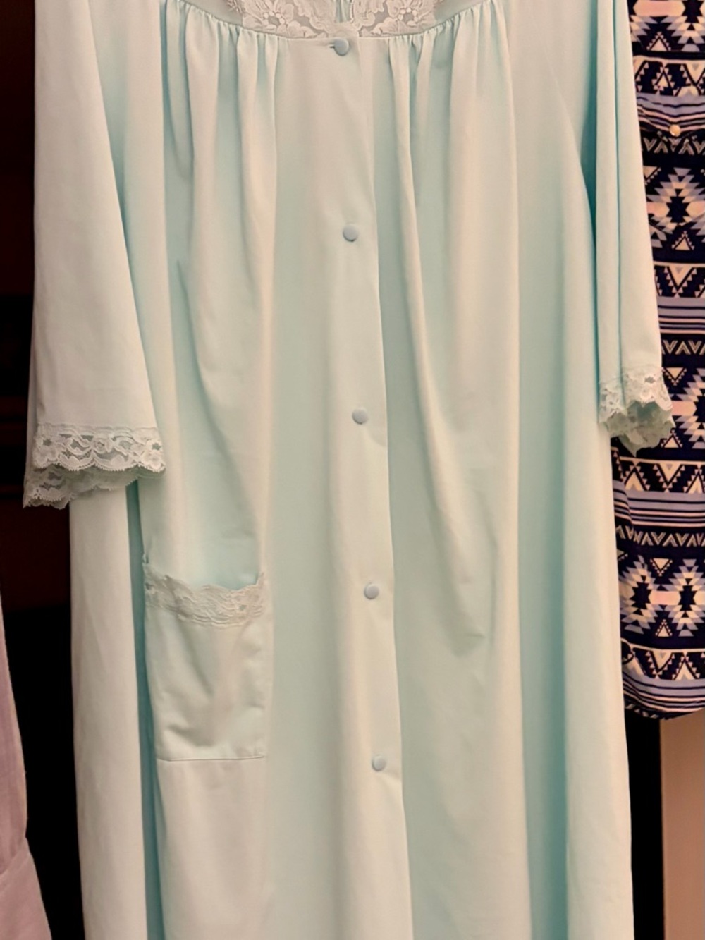 Vintage Light Mint Button-Night Coat with Lace Trim